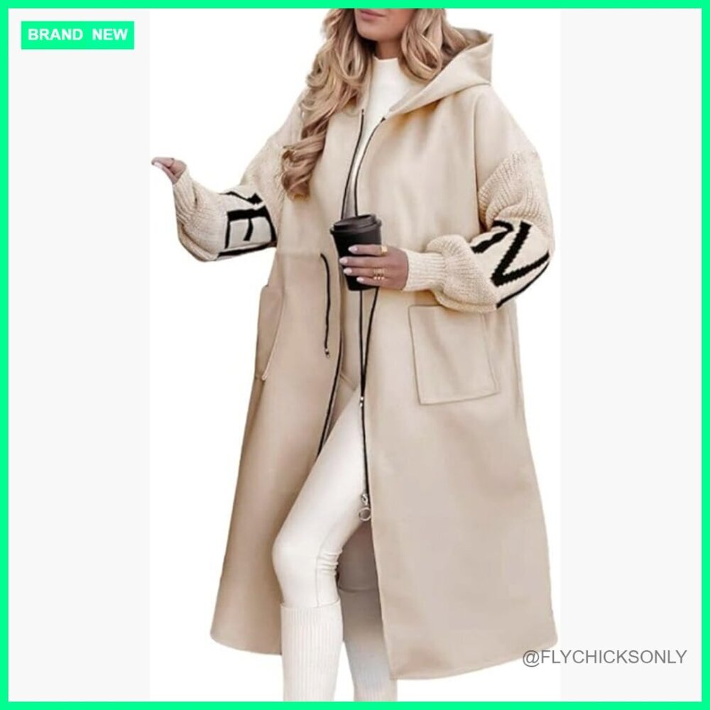 Wool Blend Trench Coat with Knitted Sleeves and Hood